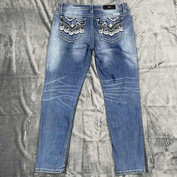 Miss Me Skinny Jeans Womens 31 Blue Medium Wash Embroidered Sequin Fringe - Picture 6 of 11